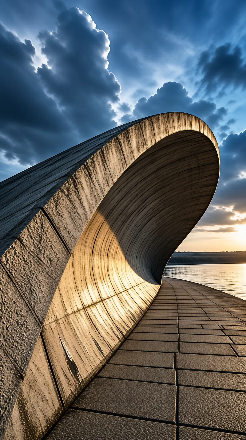 A curved concrete wall lines a paved path beside a river, catching warm sunlight against a dark blue cloudy sky.