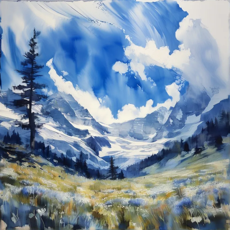 Impressionist mountain valley scene with snow capped peaks, blue sky clouds, foreground wildflowers and tall pines lit by bright daylight.