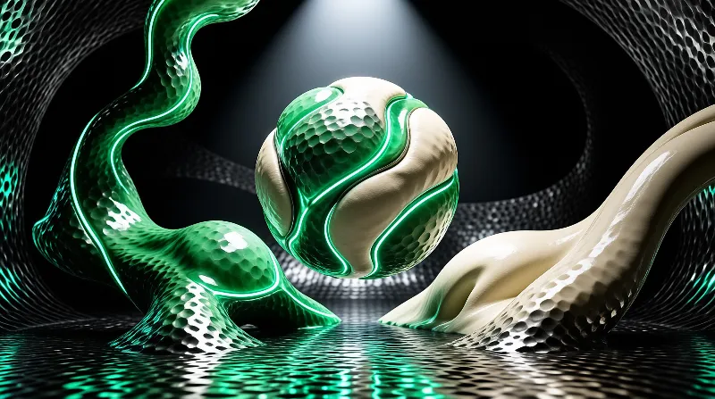 Glossy green and cream faceted sphere floats over a dark floor, with curving tendrils in a cavern under a bright beam.
