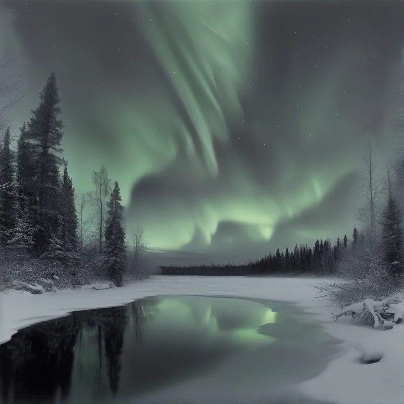 Green aurora borealis waves over a snow covered frozen lake, its glow mirrored in the open water between dark snowy pine tree lines.