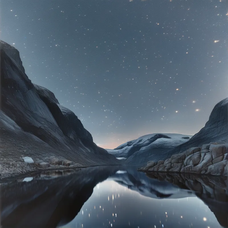 A dark lake mirrors the silhouettes of steep rocky mountains beneath a dense field of stars and faint twilight glow.