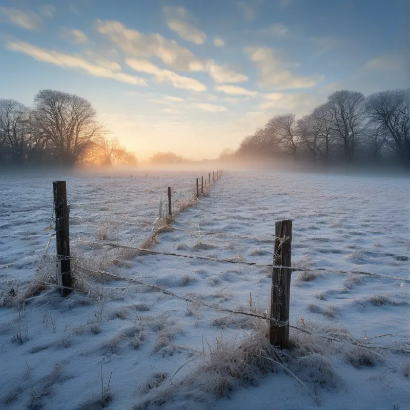 A wooden fence line stretches across a frosted field, leading towards a glowing sunrise and misty trees on the horizon.