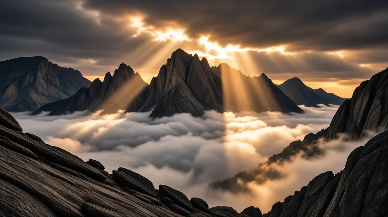 Rocky mountains pierce through thick fog while beams of warm sunlight cut through dark clouds above a vast cloud layer.