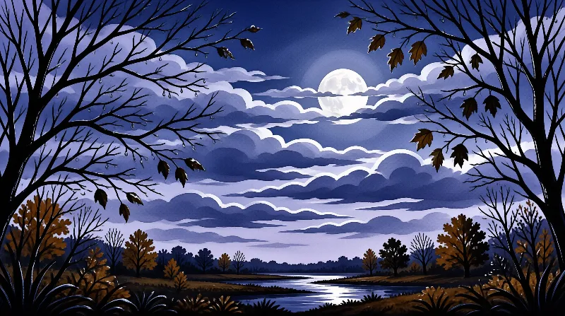 A full moon glows behind textured clouds above a river scene with dark trees and autumn foliage.