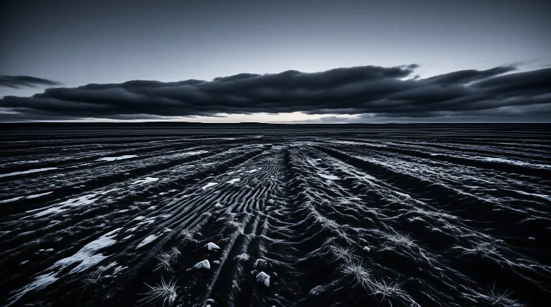 A wide expanse of frozen ground displays parallel wind-carved grooves stretching toward a brooding overcast sky.