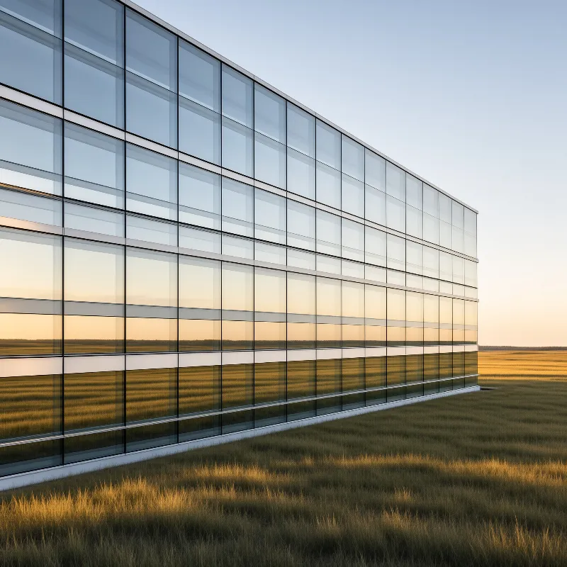 A large glass building with a grid pattern stands in a field of grass under warm sunset light.