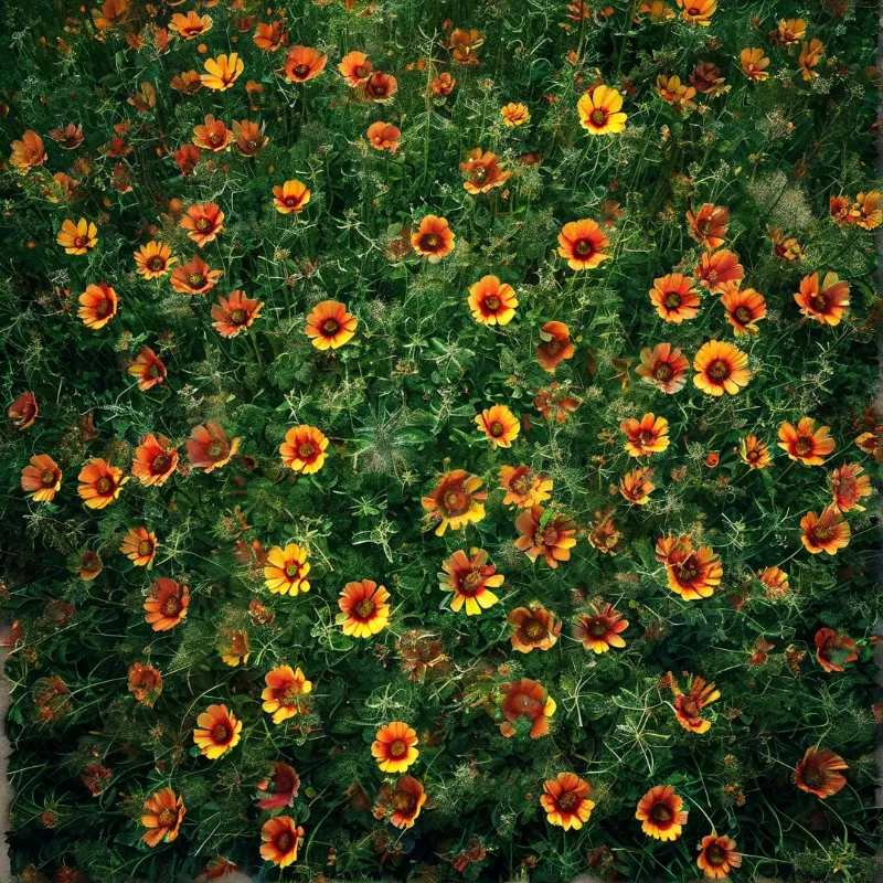 Bright orange and yellow coreopsis blooms are scattered across a thick mass of deep green garden foliage under warm daylight