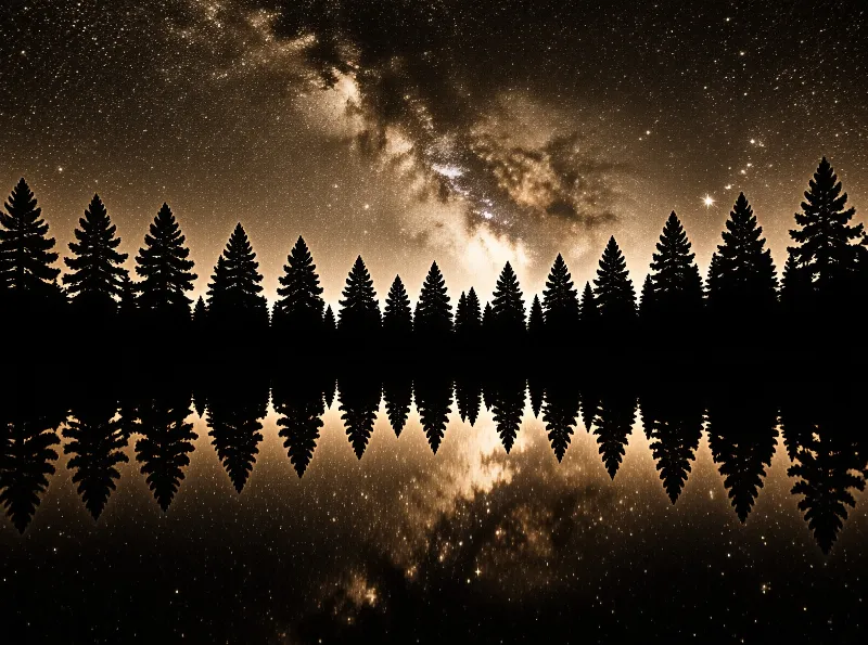 Silhouetted pine trees line a calm lake with the Milky Way stars reflected in the dark water