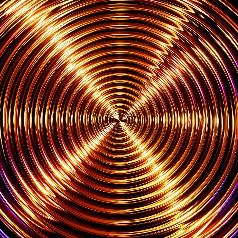 A bright spiral of metallic gold light forms a deep tunnel with concentric rings fading into the dark center.