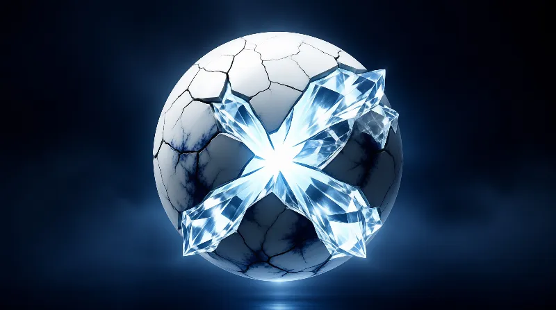 A fissured white ball with dark crack lines hovers in a dark blue space, bursting with luminous crystalline spikes.