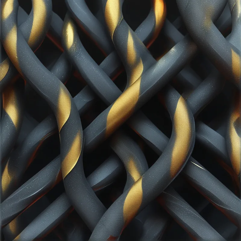 A close up view of interwoven rounded metal strips, alternating matte dark grey and warm polished gold sections, lit to show subtle surface grain.