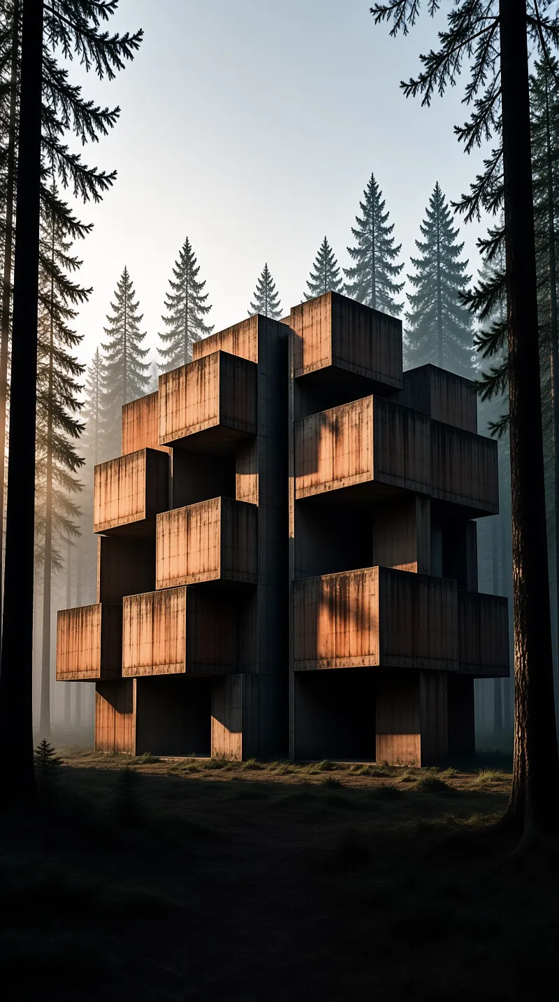 A geometric concrete building stands among tall pine trees with sunlight illuminating its angular blocks amidst morning mist.