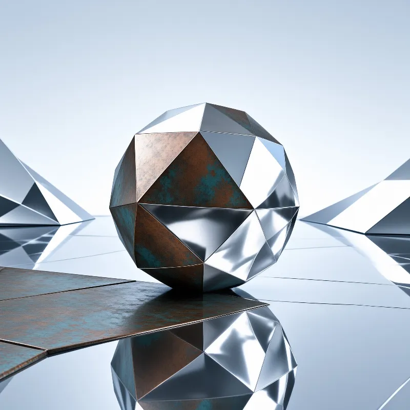 A multifaceted metal sphere of polished chrome and rusted bronze panels rests on a mirror floor with scattered pyramids