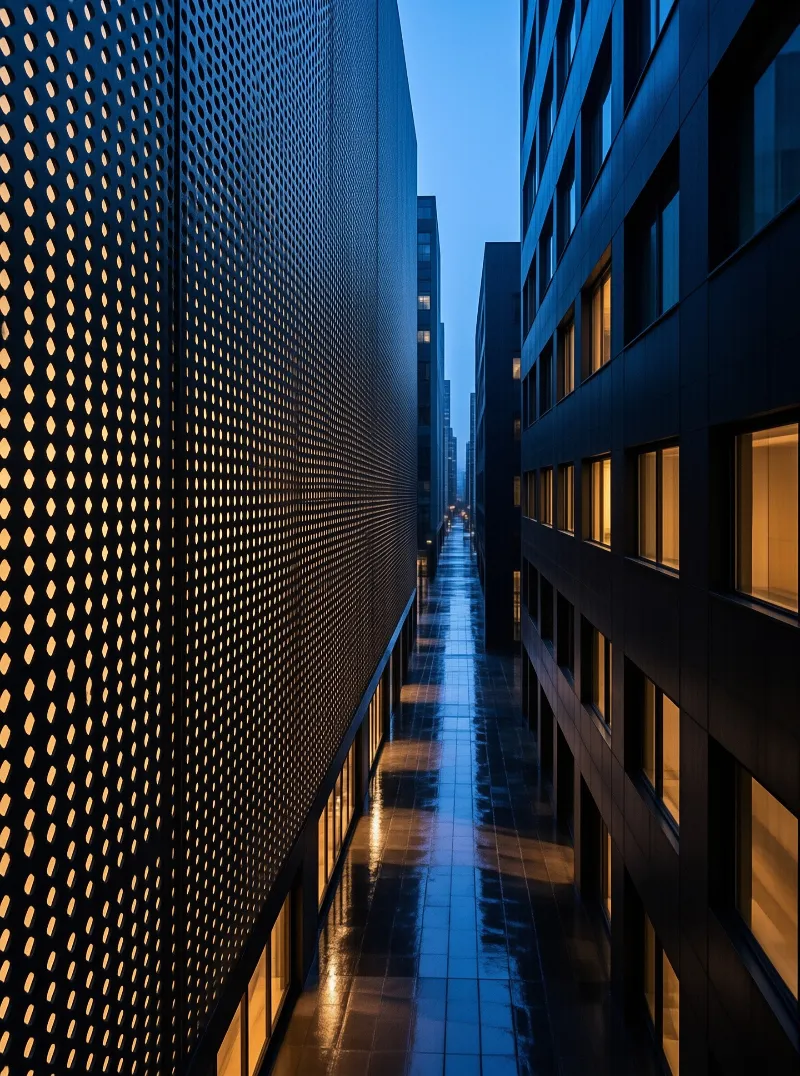 A narrow wet alley between buildings shows a perforated facade emitting warm light under a blue twilight sky.