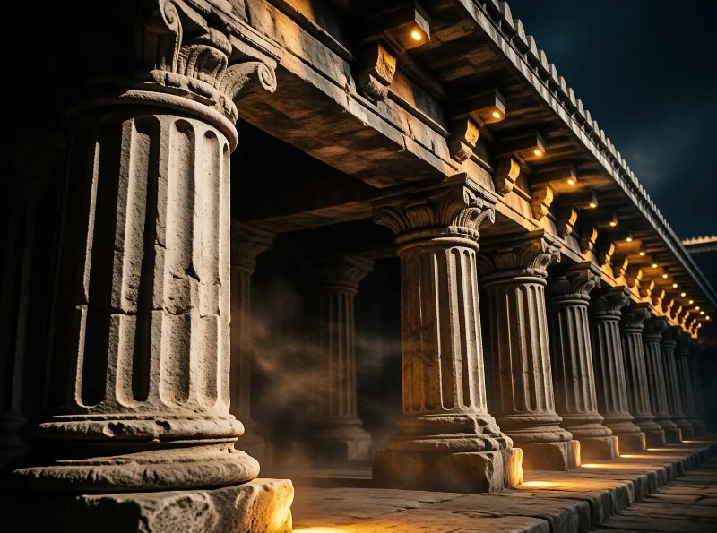 Low angle view of ancient fluted stone columns lit by warm golden lamps under a dark night sky, mist swirling below