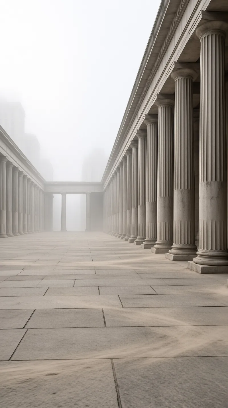 A long symmetrical walkway flanked by rows of tall fluted columns disappears into a white haze.