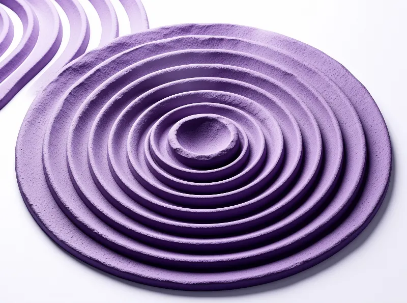 A stack of lavender plaster discs forms rippling concentric circles against a bright white surface.