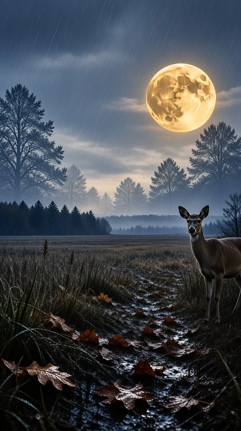 A solitary deer stands alert on the right side of a wet grassy field while a massive full moon hangs low in a rainy twilight sky.