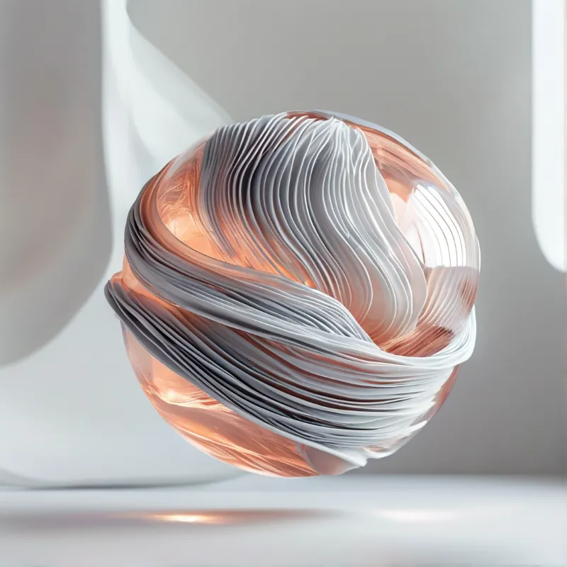 A translucent rose-tinted ball veiled in swirls of soft white fabric-like bands hovers inside a bright pale curved setting.