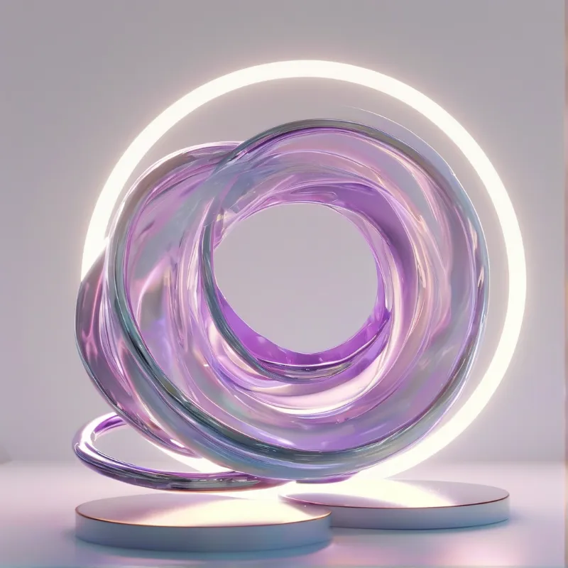 A shiny purple torus shape rests on a white surface illuminated by a bright circular light behind it.