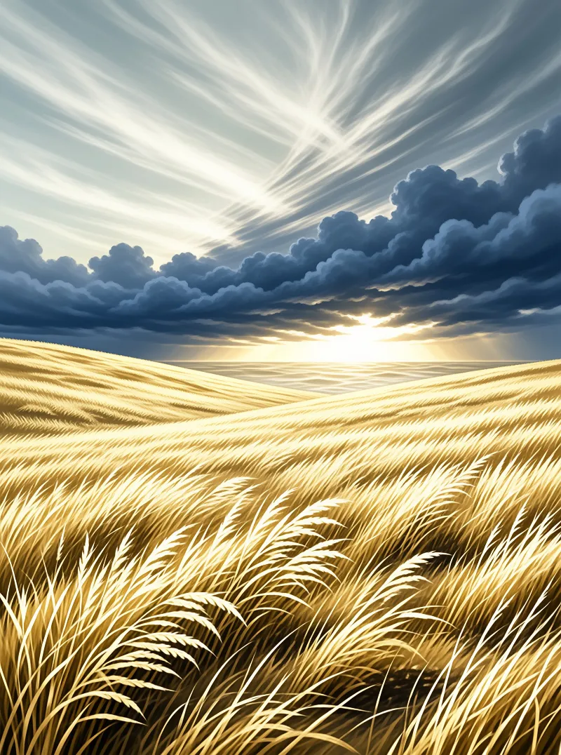 A golden wheat field stretches toward the horizon where bright sun rays pierce through heavy blue clouds.