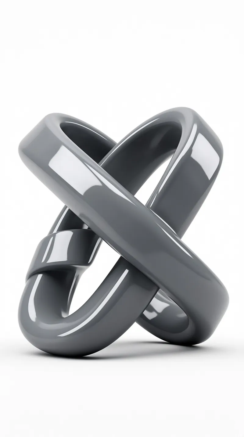 A pair of glossy grey bands connect in a figure eight shape against a bright white empty space.