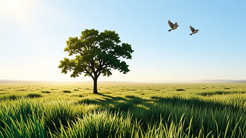 A single green tree stands in a wide meadow casting a long shadow while two birds fly across a clear blue sky.