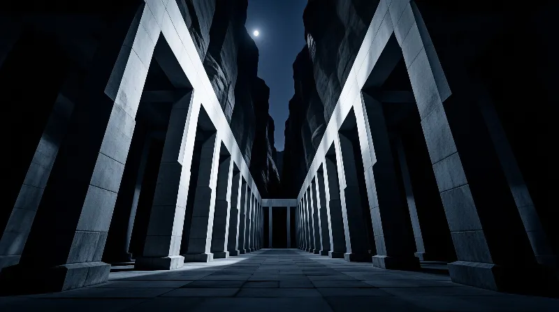 Stone pillars line a dark walkway at night with a bright moon visible between tall rocky cliffs.