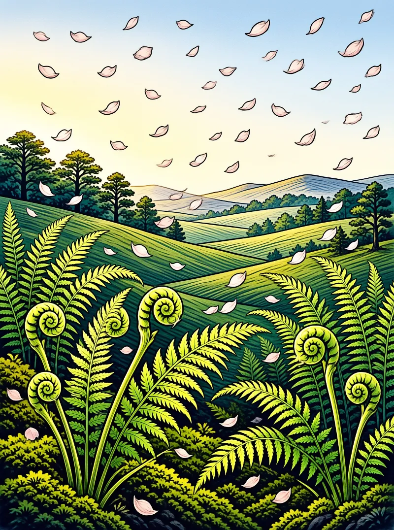 Stylized illustration of vibrant green ferns in foreground with pink petals falling from blue sky over rolling hills.