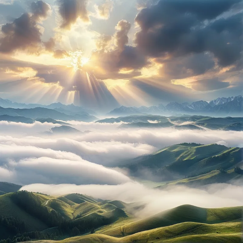 Sun Rays Over Cloudy Mountains