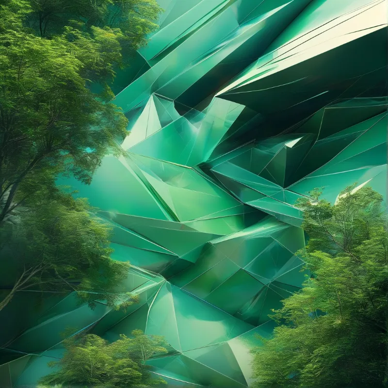 Sharp faceted teal surface framed by lush green forest, soft light casting highlights and deep shadows on angular planes.