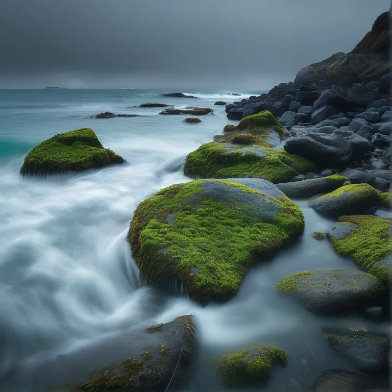 Bright green moss grows on large coastal rocks while soft white water flows around them in the mist.