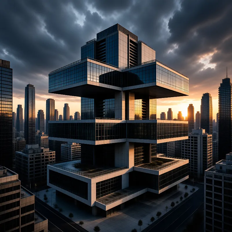 A multi-level glass building stands in a city while golden light breaks through dark storm clouds.
