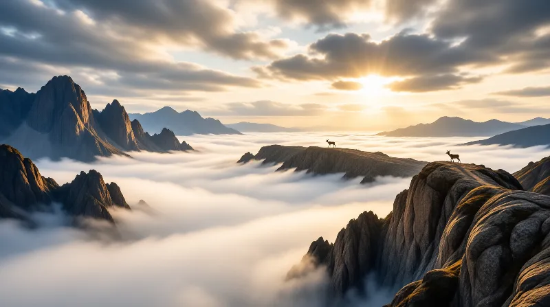 Wild mountain goats stand atop rocky summits rising above a vast white cloud layer during a bright golden sunrise.