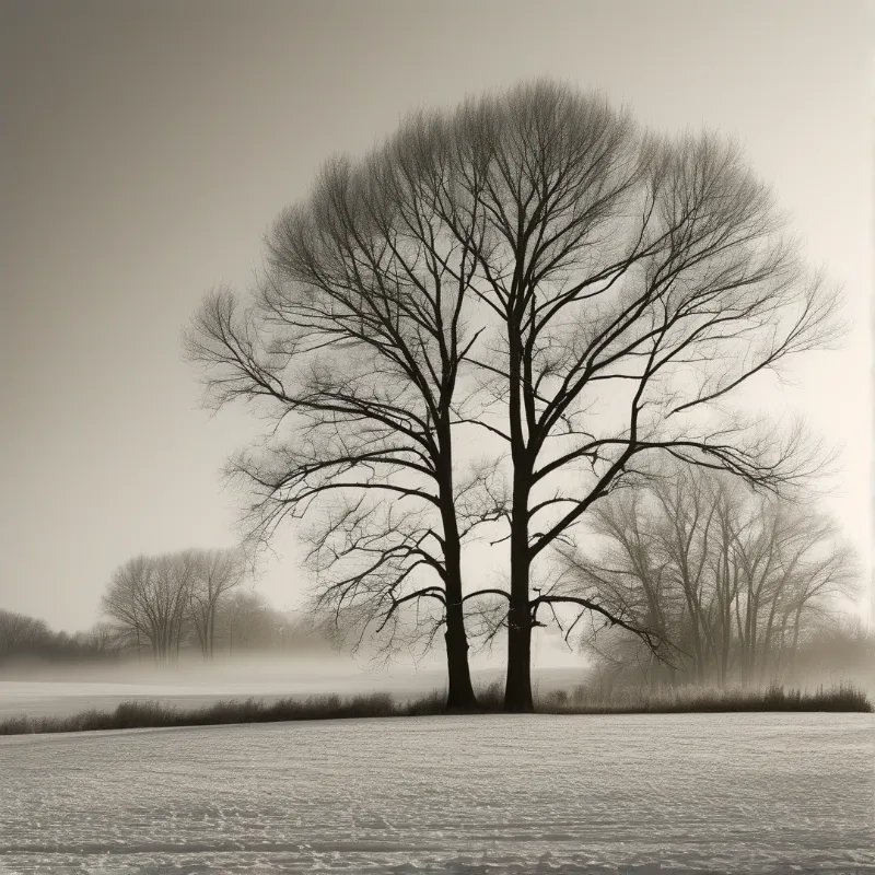 Two leafless trees rise from the river bank amidst a thick layer of morning mist and grey skies