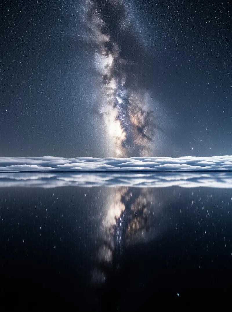 A symmetrical view shows the Milky Way arching over a band of white clouds, mirrored perfectly in a calm dark lake beneath a starry night sky.