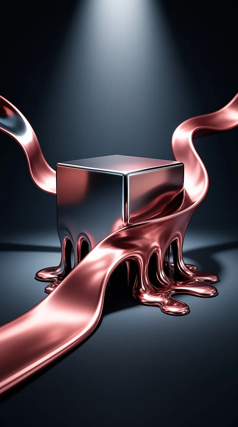 A reflective copper block sits on a dark surface while streams of molten metal wrap around it and drip downwards.
