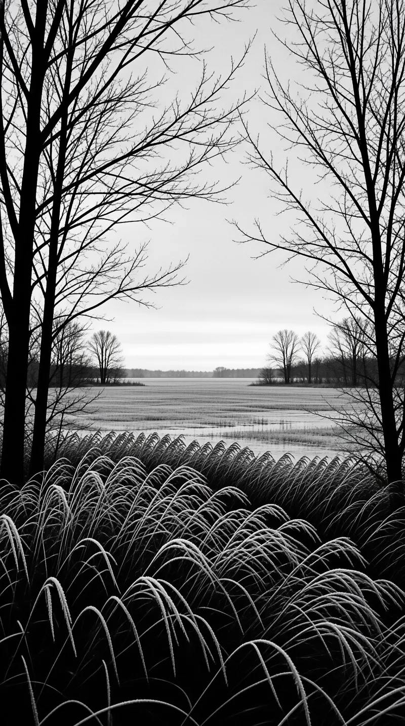 Frosty reeds dominate the foreground while leafless trees frame a vast frozen marshland under an overcast winter sky.
