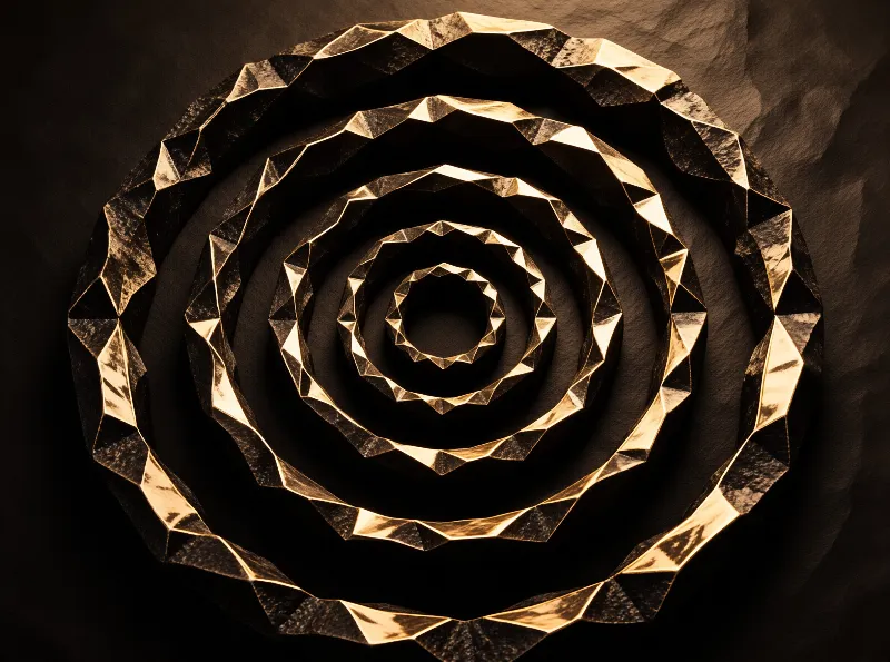 Nested polygonal bands of polished metal spiral inward on a dark ground, each bevel catching a warm amber highlight.