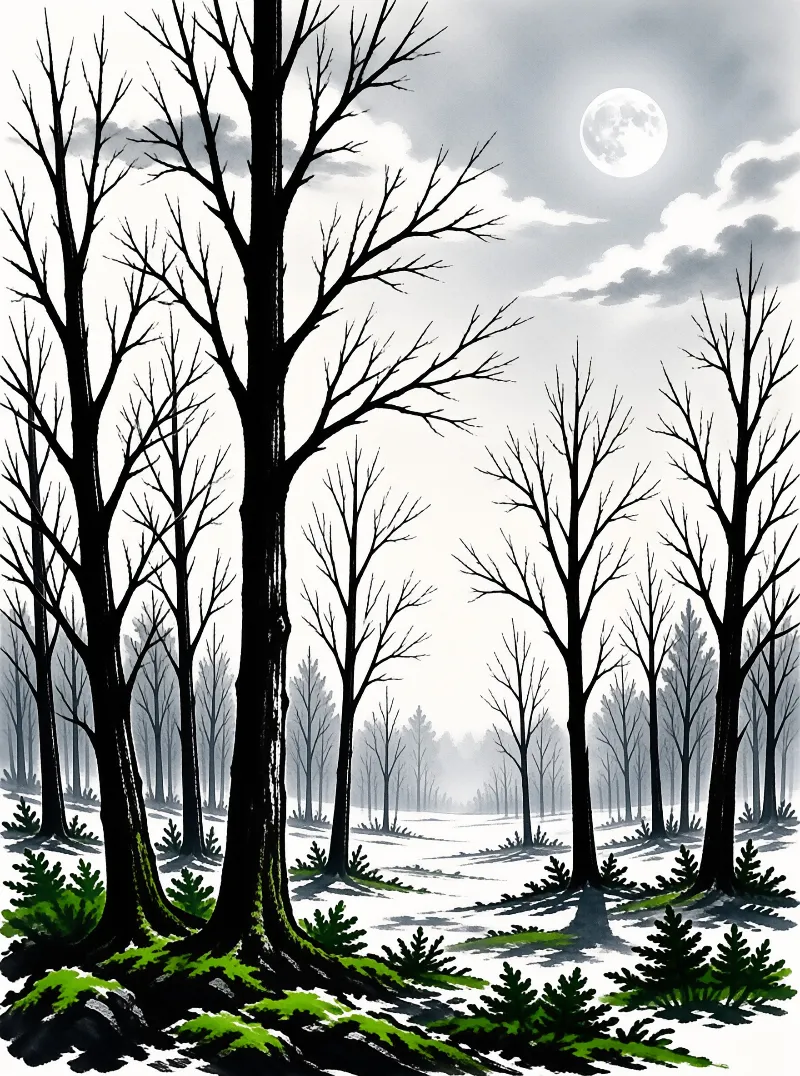 Gnarled Bare Trees Under Pale Full Moonlight
