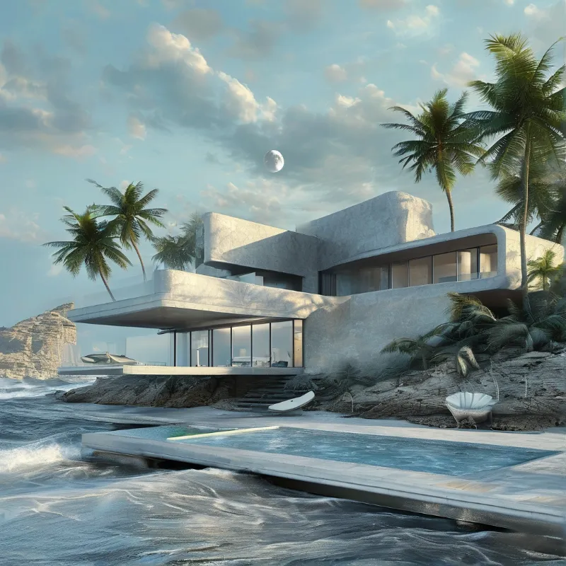 Villa on rocky cliff features glass windows, a balcony, and an infinity pool extending toward the ocean under a cloudy sky.