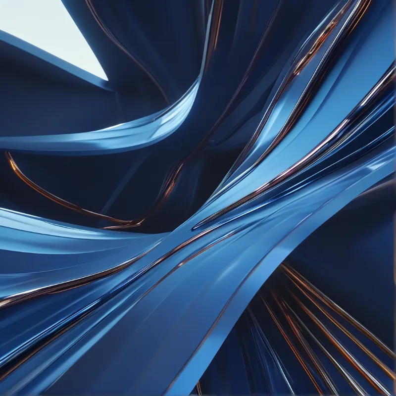 Abstract composition of polished blue metal ribbons intertwined with copper details.
