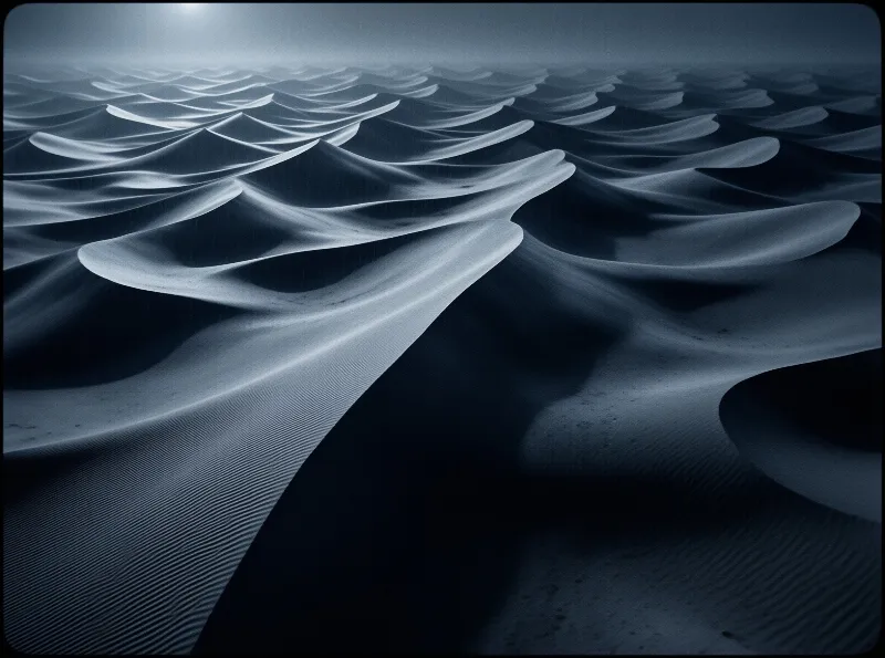Flowing blue shapes resembling sand dunes extend into the distance with bright white crests and dark recesses