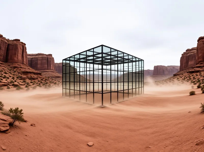 Grid framed transparent cube rests in dusty red desert between rust rock formations under overcast soft even light.