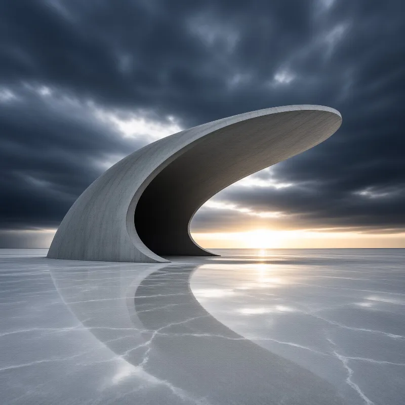 A curved concrete form on a frozen salt flat, sunset light pierces dark clouds, its reflection cast on rippled ice below.