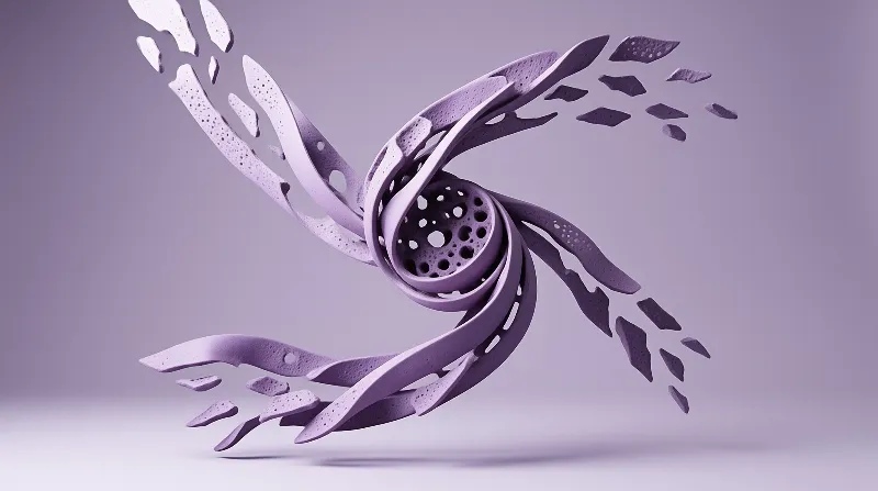 Lavender 3D object twists into a vortex shape with porous textures and fragments drifting outward against a background.