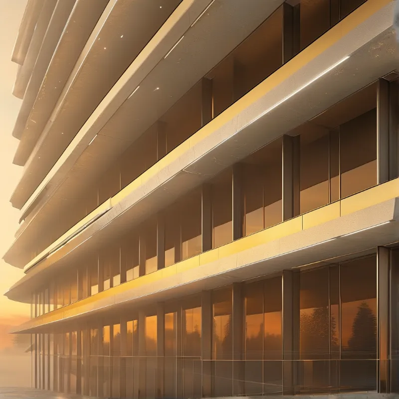 A layered modern building exterior with reflective glass windows glowing under warm amber sunset light.