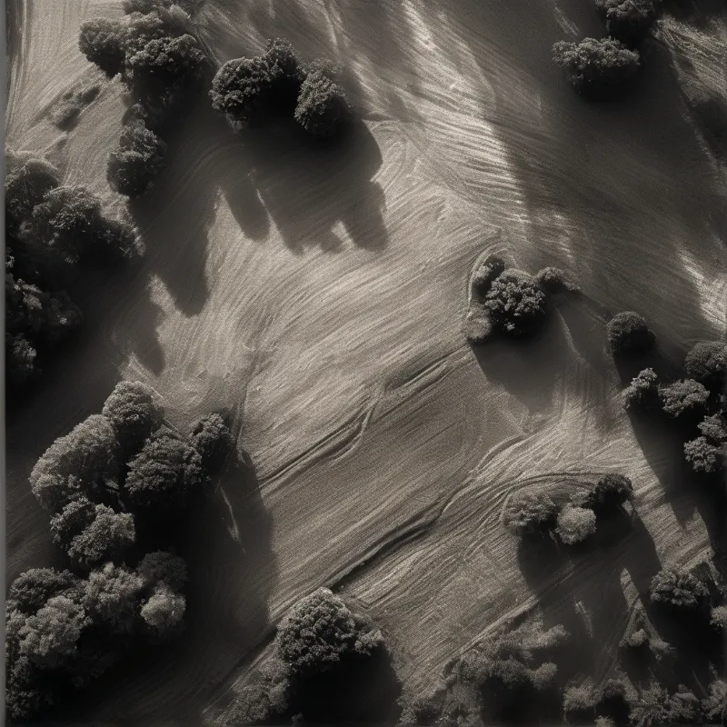Sepia toned aerial view of tilled farmland dotted with clustered trees, low sun casting long shadows across the textured open field.