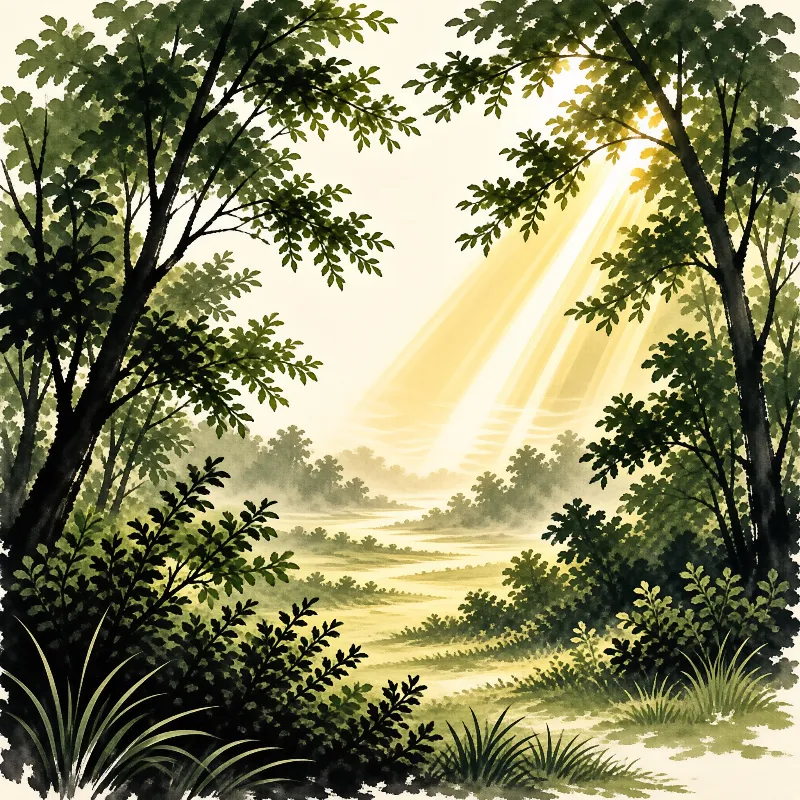 Green foliage frames a misty landscape as golden sunbeams pierce through the trees above a distant river.