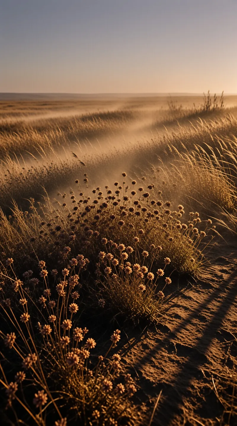 Backlit dust drifts across a dry grassland where pale blossoms catch the low warm sunlight.